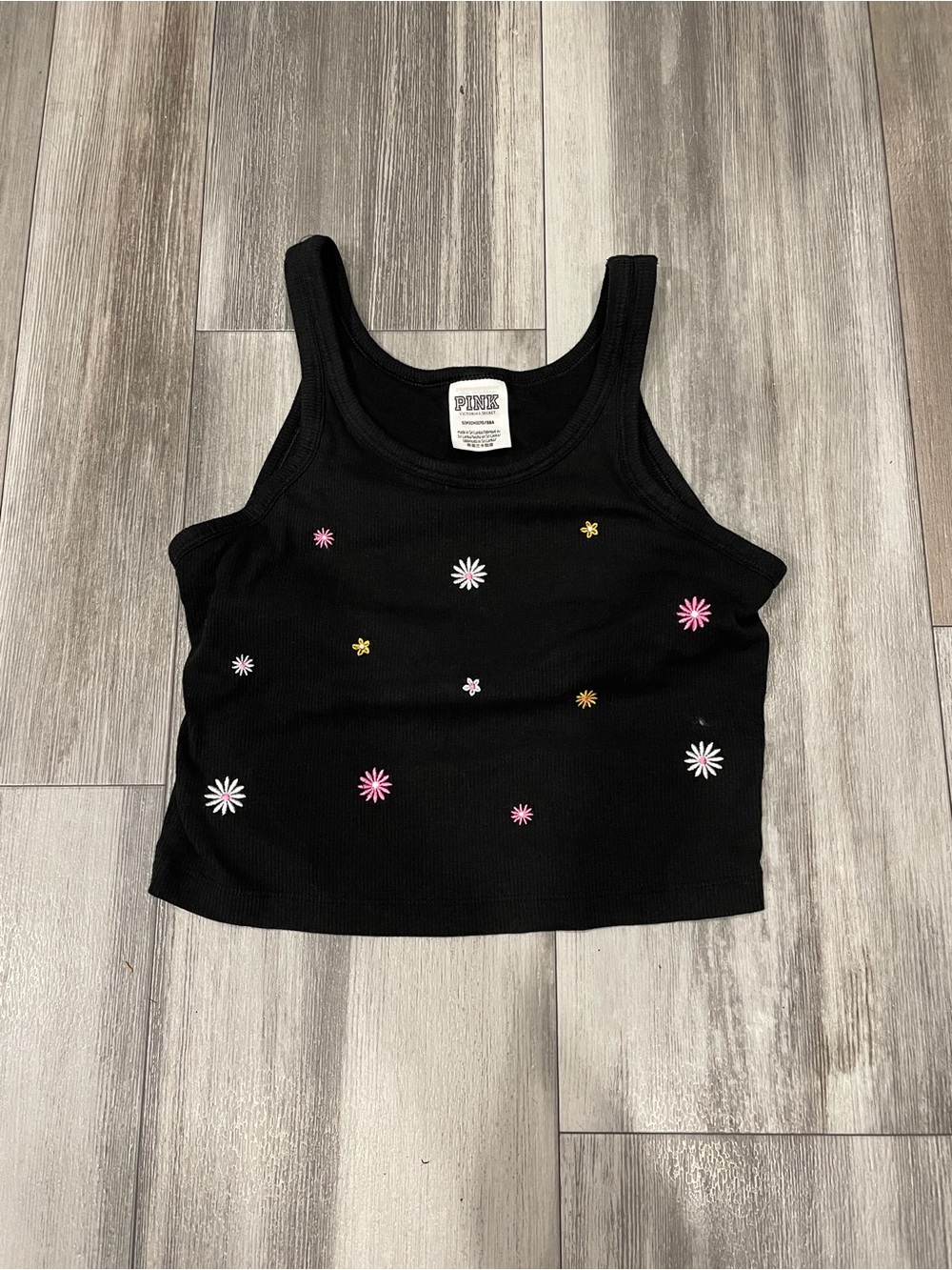 PINK Victoria's Secret y2k black embroidered Black Tank with Multicolor Daisies